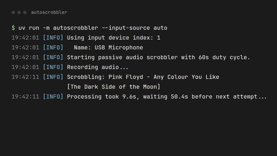 Terminal log of Autoscrobbler listening to a microphone and scrobbling a song to Last.fm