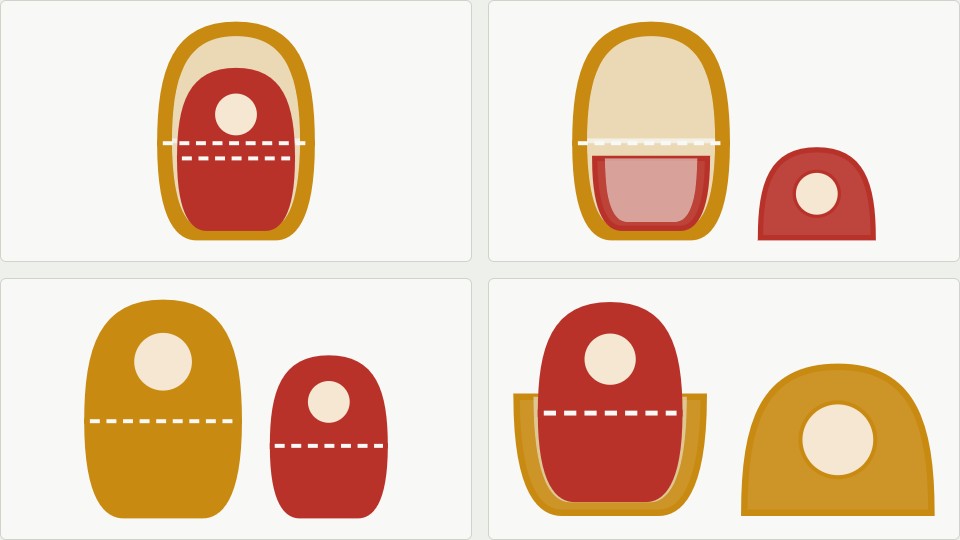 Four arrangements of Russian nesting dolls, some closed and some split into top and bottom halves